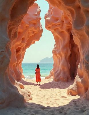 The primary subject of the image is a woman standing on a beach, looking out towards the ocean. The setting is a rocky coastline, with the woman standing in the middle of a rocky path. The visual style of the image is a photo, capturing the woman's presence in the natural environment. The colors and mood of the image are predominantly warm and serene, with the woman's presence and the ocean's vastness creating a sense of tranquility and connection to nature.